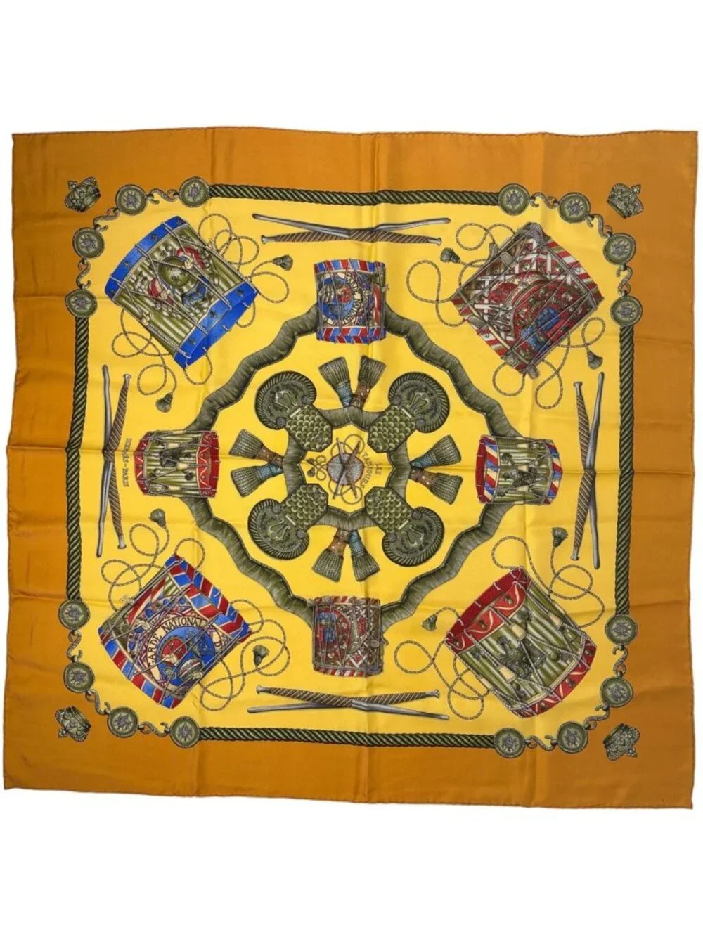 Hermes Carre 90 les Tambour Taiko Crown Scarf Silk Yellow Multicolor